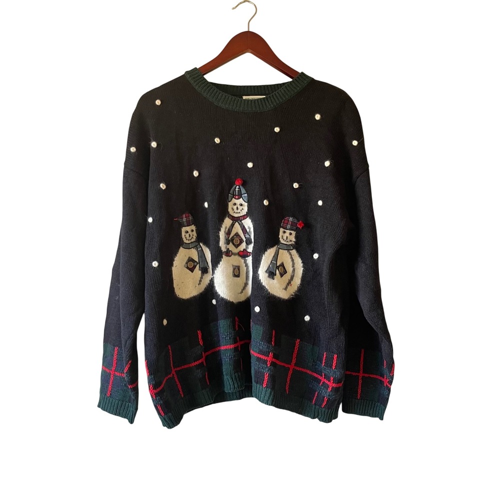 Vintage 90s Handknit Snowman Christmas‎ Sweater Black Women's Knit Holiday large
